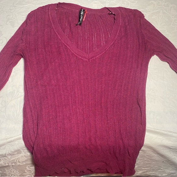 100% Cotton Love by Design Open Knit Sweater V Neck Stretch Longsleeve Fuschia M - Picture 9 of 9